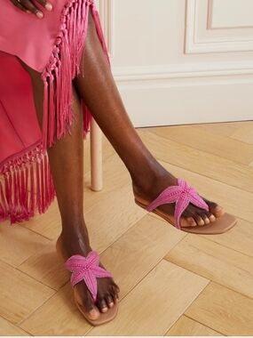 AQUAZZURA Reef Star beaded leather thong sandals Size IT 38/ US 7/ UK 5 Pink NEW
